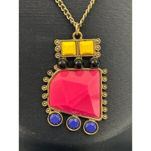 1980s 1990s Funky Bright Colorful Geometric Pendant Necklace Pink Yellow Blue